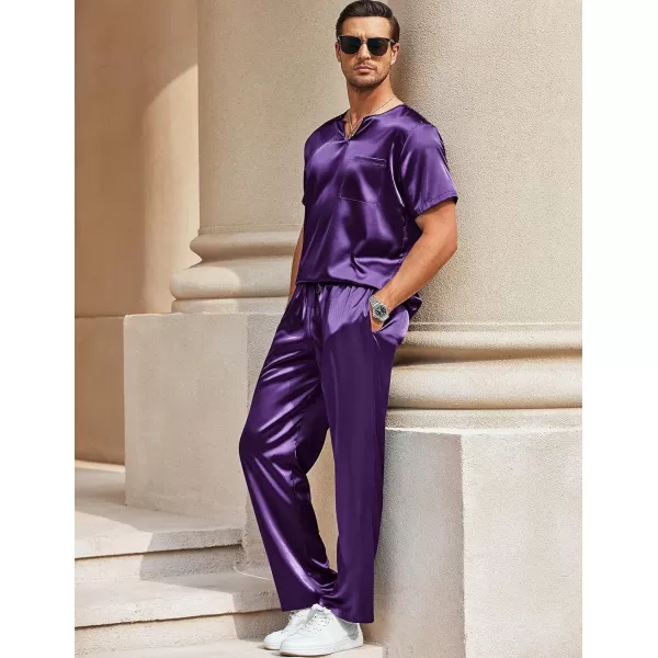 Ekouaer Mens Silk Satin Pajama Set Short Sleeve Sleepwear Silky Loungewear with Long PantsV Neck V Neckpurple