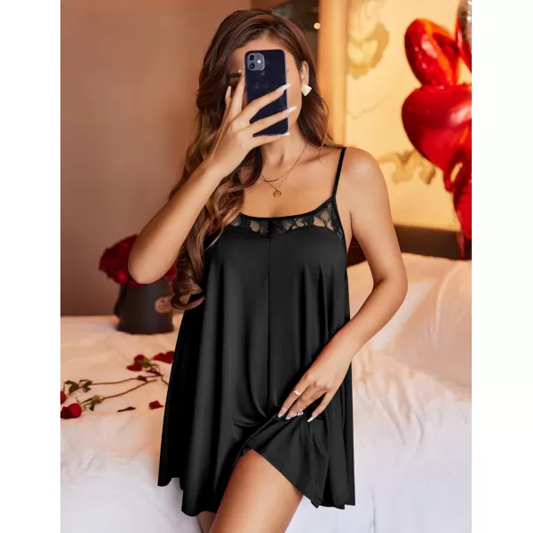 Ekouaer Nightgown Sexy Lingerie for Women Nightwear Lace Chemise Sleeveless Camisole Slip Dress Babydoll SleepwearAblack