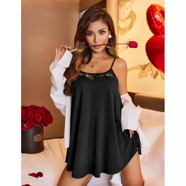 Ekouaer Nightgown Sexy Lingerie for Women Nightwear Lace Chemise Sleeveless Camisole Slip Dress Babydoll SleepwearAblack