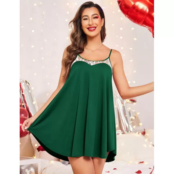 Ekouaer Nightgown Sexy Lingerie for Women Nightwear Lace Chemise Sleeveless Camisole Slip Dress Babydoll SleepwearGreen