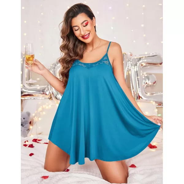 Ekouaer Nightgown Sexy Lingerie for Women Nightwear Lace Chemise Sleeveless Camisole Slip Dress Babydoll SleepwearPeacock Blue