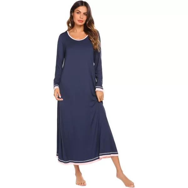 Ekouaer Nightgown Women Long Sleeve Sleepwear Full Length Long Nightshirt Soft Loungewear SXXXLNavy