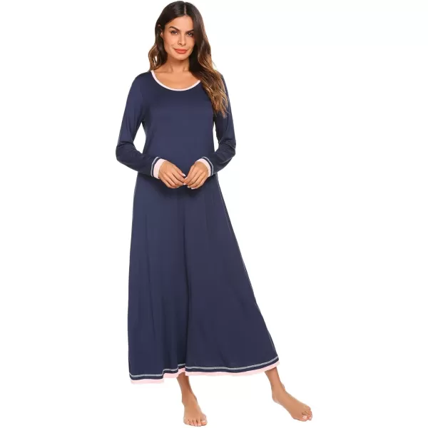 Ekouaer Nightgown Women Long Sleeve Sleepwear Full Length Long Nightshirt Soft Loungewear SXXXLNavy