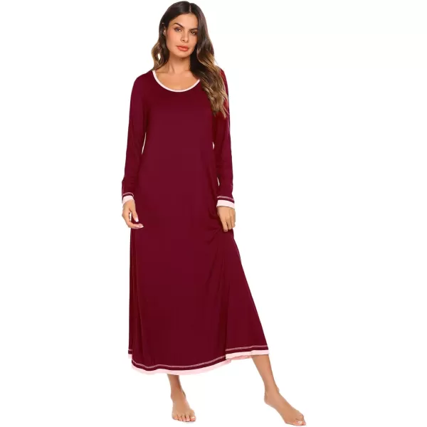 Ekouaer Nightgown Women Long Sleeve Sleepwear Full Length Long Nightshirt Soft Loungewear SXXXLWine Red