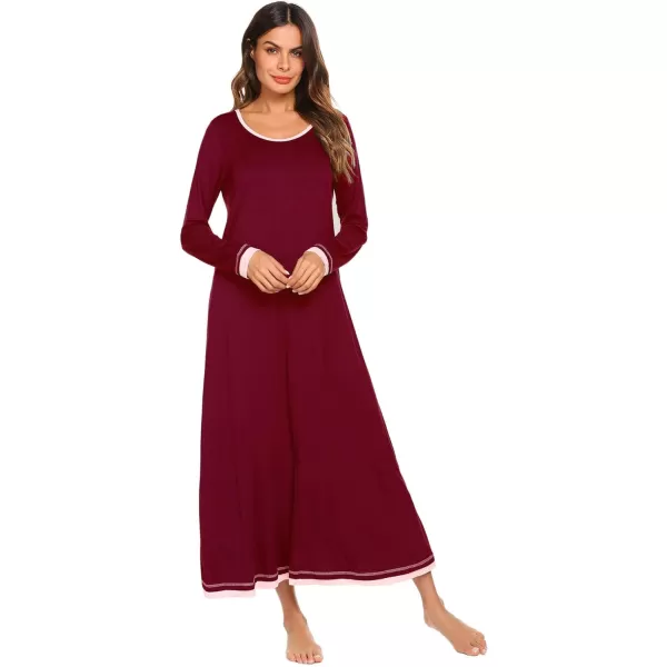 Ekouaer Nightgown Women Long Sleeve Sleepwear Full Length Long Nightshirt Soft Loungewear SXXXLWine Red