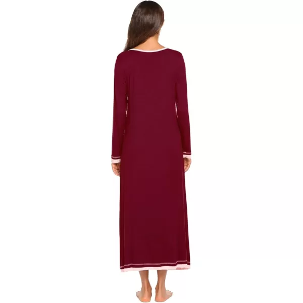 Ekouaer Nightgown Women Long Sleeve Sleepwear Full Length Long Nightshirt Soft Loungewear SXXXLWine Red