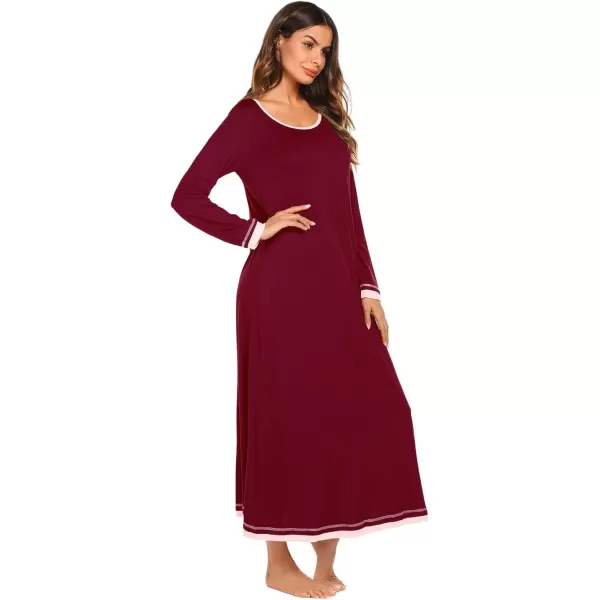 Ekouaer Nightgown Women Long Sleeve Sleepwear Full Length Long Nightshirt Soft Loungewear SXXXLWine Red