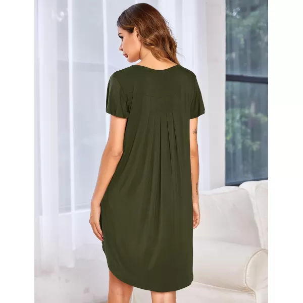 Ekouaer Nightgown Womens Sleepshirt Soft Sleepwear Pleated Nightshirt Comfy Sleep Dress Short Sleeve Flare Nightdress S3XLAarmy Green