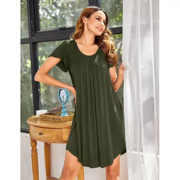 Ekouaer Nightgown Womens Sleepshirt Soft Sleepwear Pleated Nightshirt Comfy Sleep Dress Short Sleeve Flare Nightdress S3XLAarmy Green