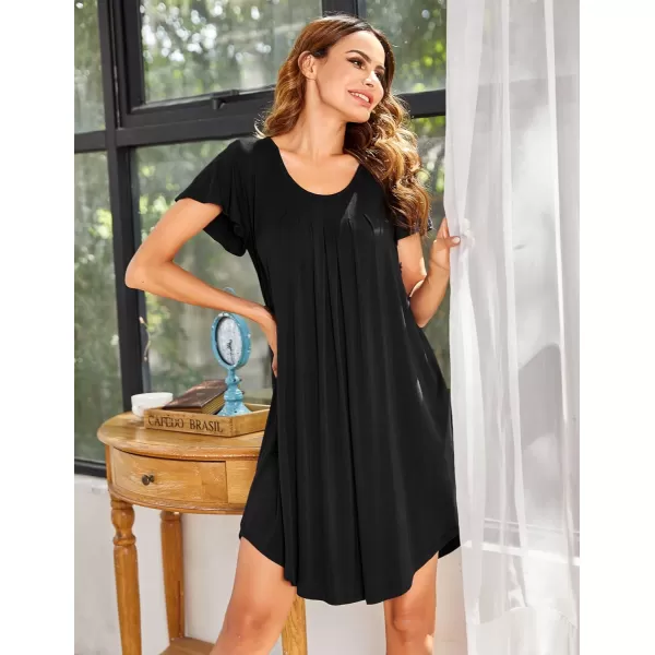 Ekouaer Nightgown Womens Sleepshirt Soft Sleepwear Pleated Nightshirt Comfy Sleep Dress Short Sleeve Flare Nightdress S3XLAblack