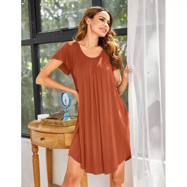 Ekouaer Nightgown Womens Sleepshirt Soft Sleepwear Pleated Nightshirt Comfy Sleep Dress Short Sleeve Flare Nightdress S3XLAbrick Red