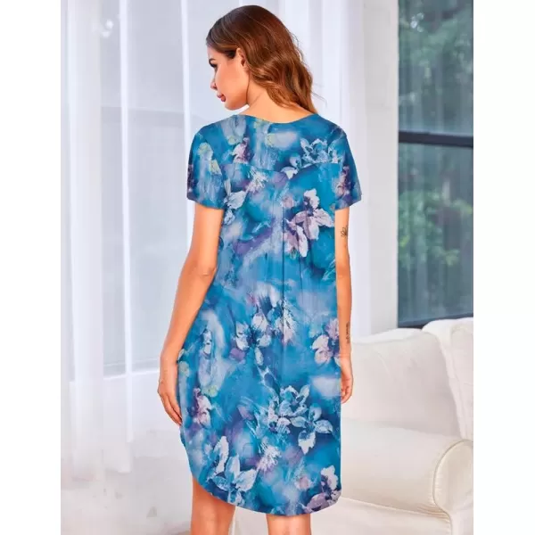 Ekouaer Nightgown Womens Sleepshirt Soft Sleepwear Pleated Nightshirt Comfy Sleep Dress Short Sleeve Flare Nightdress S3XLAbstract Flower