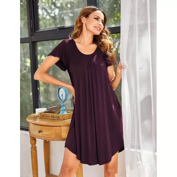 Ekouaer Nightgown Womens Sleepshirt Soft Sleepwear Pleated Nightshirt Comfy Sleep Dress Short Sleeve Flare Nightdress S3XLAcherry Red