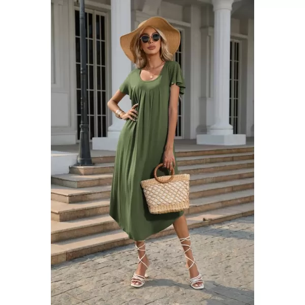 Ekouaer Nightgown Womens Sleepshirt Soft Sleepwear Pleated Nightshirt Comfy Sleep Dress Short Sleeve Flare Nightdress S3XLArmy Green Midi Length