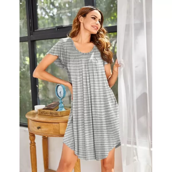 Ekouaer Nightgown Womens Sleepshirt Soft Sleepwear Pleated Nightshirt Comfy Sleep Dress Short Sleeve Flare Nightdress S3XLAstriped Print