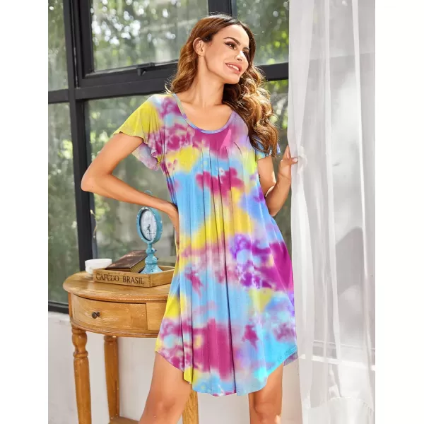 Ekouaer Nightgown Womens Sleepshirt Soft Sleepwear Pleated Nightshirt Comfy Sleep Dress Short Sleeve Flare Nightdress S3XLAtie Dye