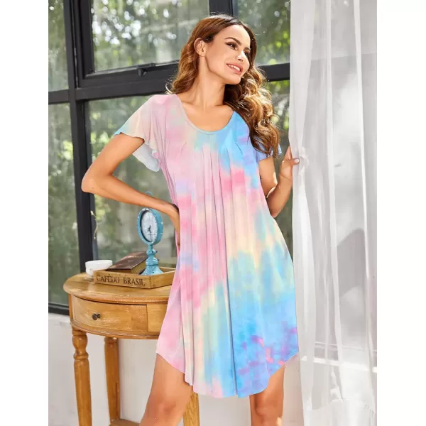 Ekouaer Nightgown Womens Sleepshirt Soft Sleepwear Pleated Nightshirt Comfy Sleep Dress Short Sleeve Flare Nightdress S3XLAtie Dye Pink Blue