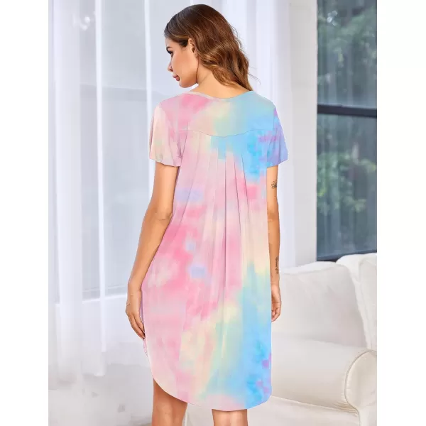 Ekouaer Nightgown Womens Sleepshirt Soft Sleepwear Pleated Nightshirt Comfy Sleep Dress Short Sleeve Flare Nightdress S3XLAtie Dye Pink Blue