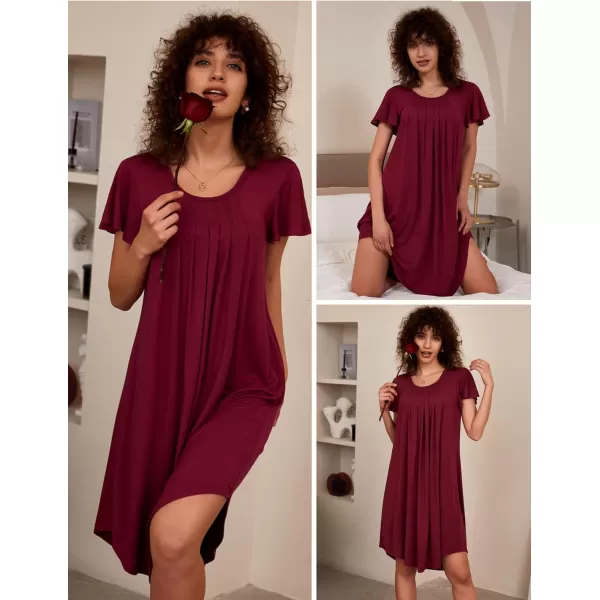 Ekouaer Nightgown Womens Sleepshirt Soft Sleepwear Pleated Nightshirt Comfy Sleep Dress Short Sleeve Flare Nightdress S3XLAwine Red