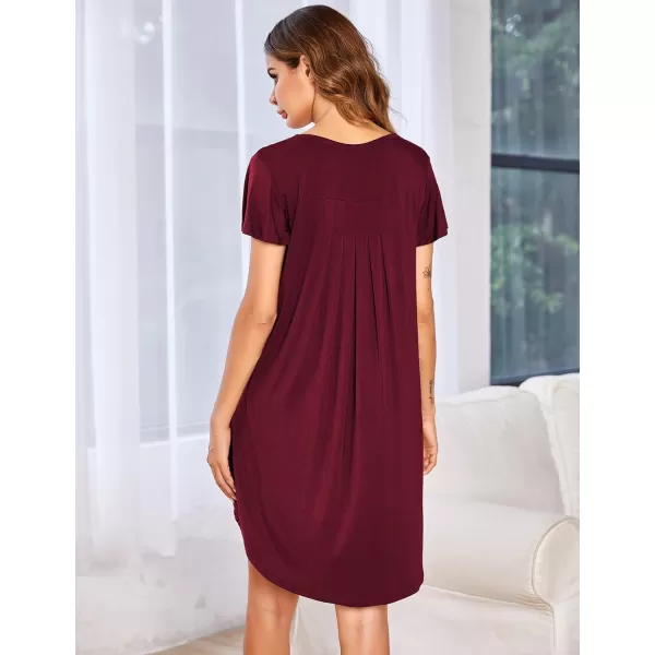 Ekouaer Nightgown Womens Sleepshirt Soft Sleepwear Pleated Nightshirt Comfy Sleep Dress Short Sleeve Flare Nightdress S3XLAwine Red