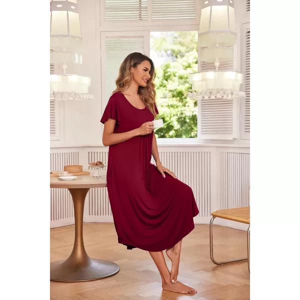 Ekouaer Nightgown Womens Sleepshirt Soft Sleepwear Pleated Nightshirt Comfy Sleep Dress Short Sleeve Flare Nightdress S3XLCherry Red Midi Length