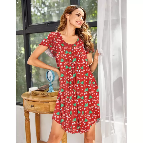 Ekouaer Nightgown Womens Sleepshirt Soft Sleepwear Pleated Nightshirt Comfy Sleep Dress Short Sleeve Flare Nightdress S3XLChristmas