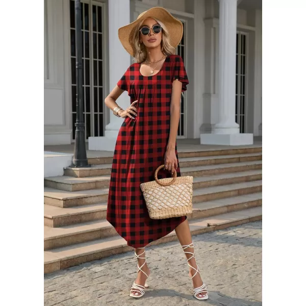 Ekouaer Nightgown Womens Sleepshirt Soft Sleepwear Pleated Nightshirt Comfy Sleep Dress Short Sleeve Flare Nightdress S3XLChristmas Plaid Midi Length