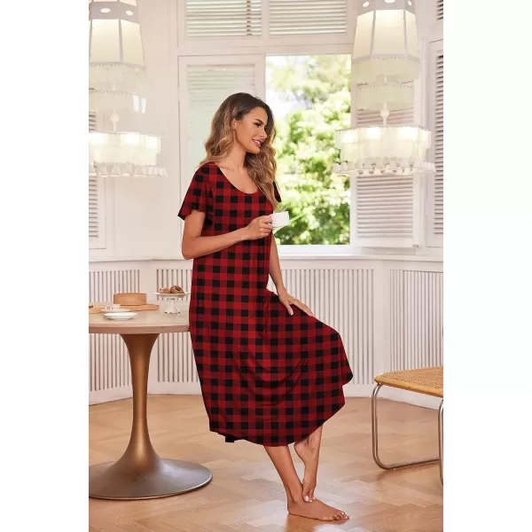 Ekouaer Nightgown Womens Sleepshirt Soft Sleepwear Pleated Nightshirt Comfy Sleep Dress Short Sleeve Flare Nightdress S3XLChristmas Plaid Midi Length