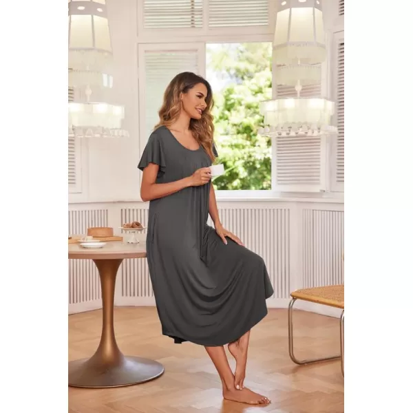 Ekouaer Nightgown Womens Sleepshirt Soft Sleepwear Pleated Nightshirt Comfy Sleep Dress Short Sleeve Flare Nightdress S3XLDrak Grey Midi Length