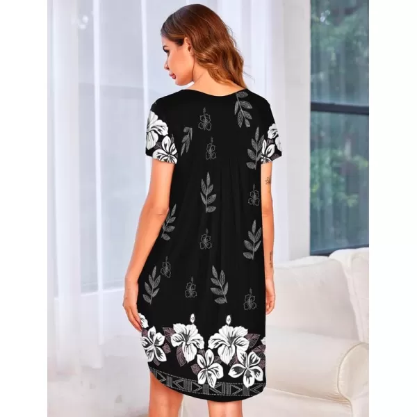 Ekouaer Nightgown Womens Sleepshirt Soft Sleepwear Pleated Nightshirt Comfy Sleep Dress Short Sleeve Flare Nightdress S3XLFloral Black