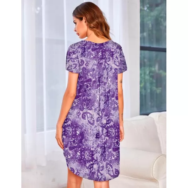 Ekouaer Nightgown Womens Sleepshirt Soft Sleepwear Pleated Nightshirt Comfy Sleep Dress Short Sleeve Flare Nightdress S3XLFloral Purple