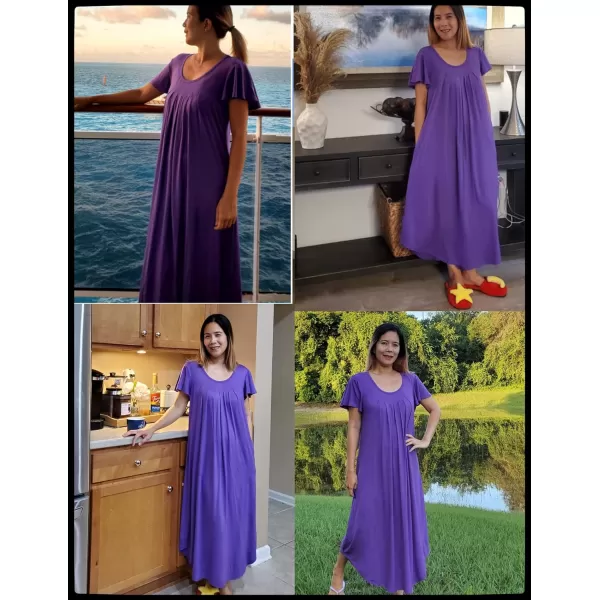 Ekouaer Nightgown Womens Sleepshirt Soft Sleepwear Pleated Nightshirt Comfy Sleep Dress Short Sleeve Flare Nightdress S3XLPurple Midi Length