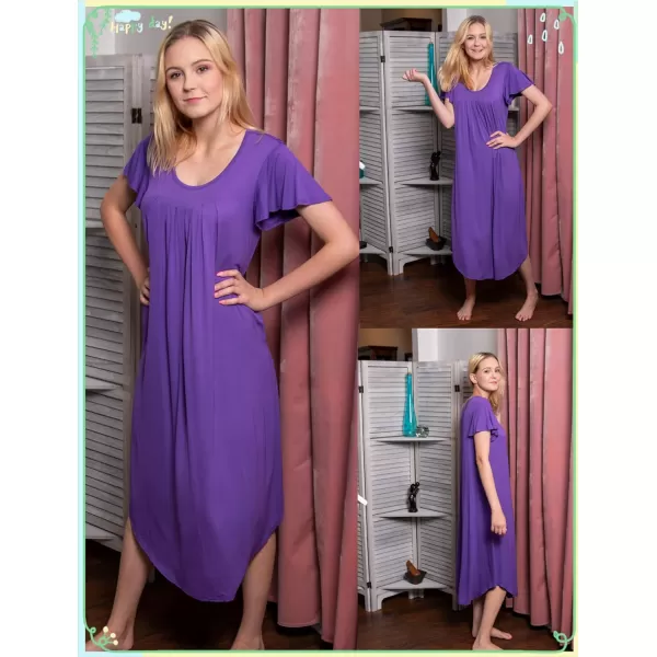 Ekouaer Nightgown Womens Sleepshirt Soft Sleepwear Pleated Nightshirt Comfy Sleep Dress Short Sleeve Flare Nightdress S3XLPurple Midi Length