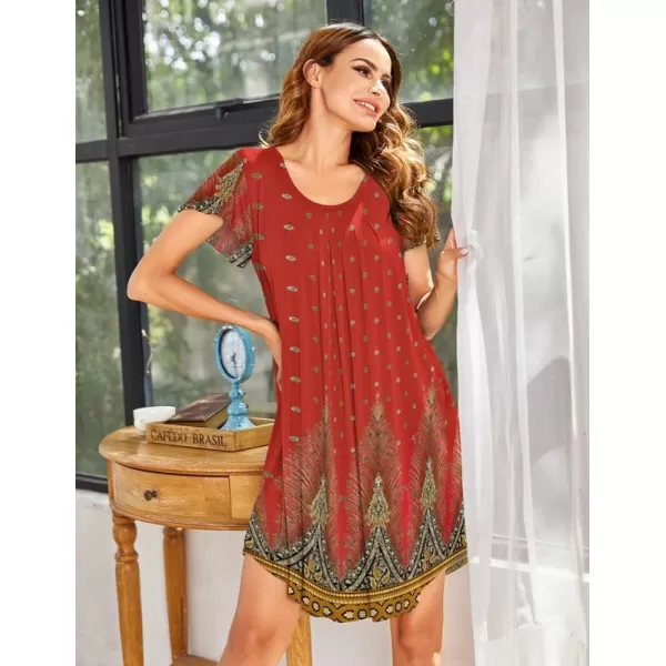 Ekouaer Nightgown Womens Sleepshirt Soft Sleepwear Pleated Nightshirt Comfy Sleep Dress Short Sleeve Flare Nightdress S3XLRed Plume