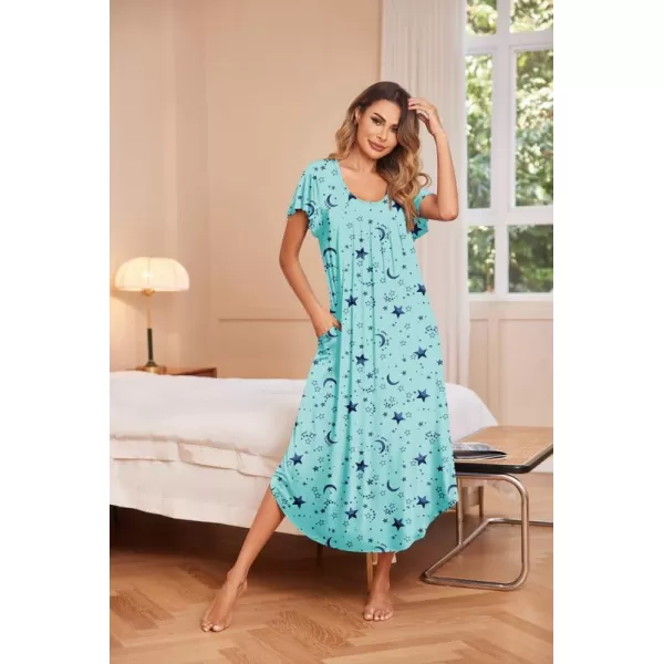 Ekouaer Nightgown Womens Sleepshirt Soft Sleepwear Pleated Nightshirt Comfy Sleep Dress Short Sleeve Flare Nightdress S3XLStar Print Midi Length