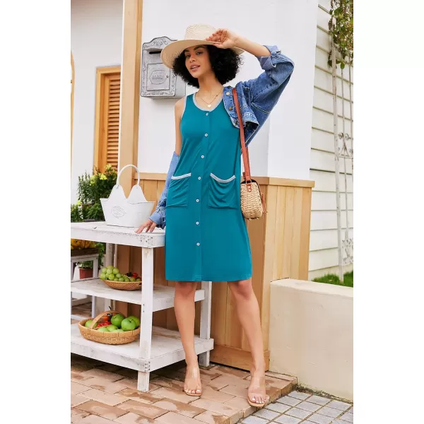 Ekouaer Nightgown Womens Sleeveless Sleepwear Button Down Nightshirt with Pockets SXXLPeacock Blue