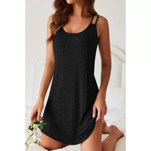 Ekouaer Nightgown for Women Ribbed Knit Sleeveless Sleepwear Slip Sleep Dress Sexy Nightdress Soft Nightshirt Chemise SXXLBlack