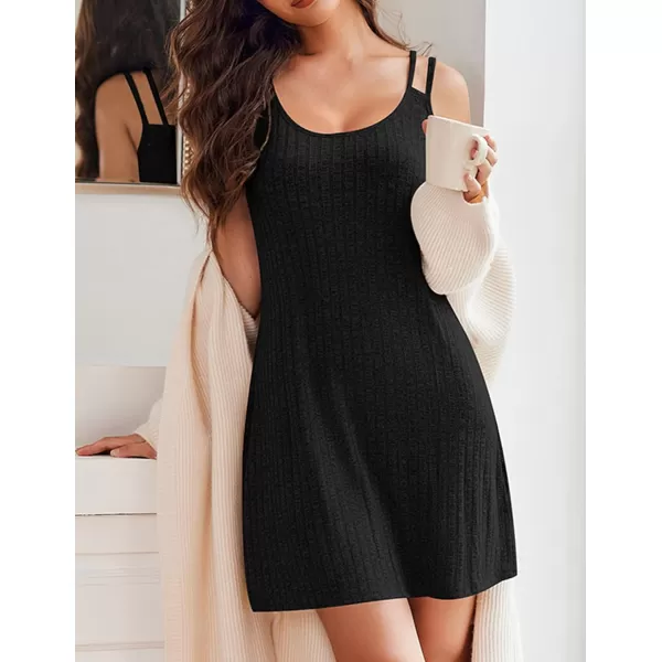 Ekouaer Nightgown for Women Ribbed Knit Sleeveless Sleepwear Slip Sleep Dress Sexy Nightdress Soft Nightshirt Chemise SXXLBlack