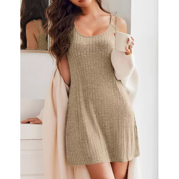 Ekouaer Nightgown for Women Ribbed Knit Sleeveless Sleepwear Slip Sleep Dress Sexy Nightdress Soft Nightshirt Chemise SXXLKhaki