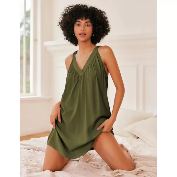 Ekouaer Nightgown for Women Sleeveless Sleepwear Lightweight Racerback Sleep Shirt Pleated V Neck Night Dress Short ChemiseArmy Green