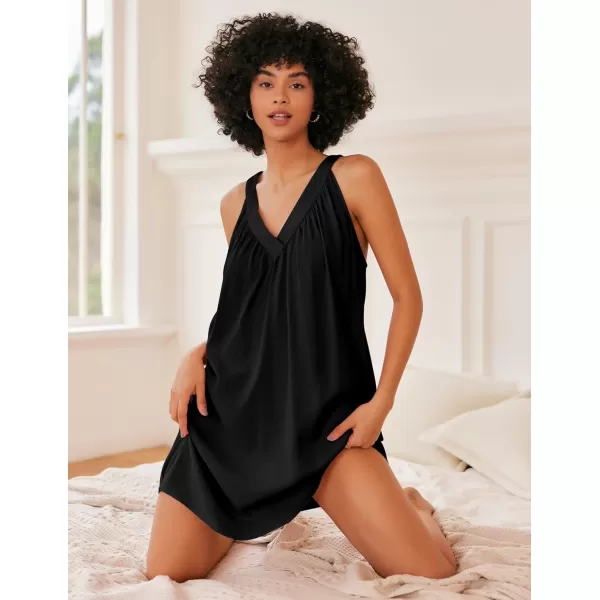 Ekouaer Nightgown for Women Sleeveless Sleepwear Lightweight Racerback Sleep Shirt Pleated V Neck Night Dress Short ChemiseBlack