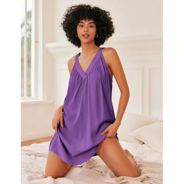 Ekouaer Nightgown for Women Sleeveless Sleepwear Lightweight Racerback Sleep Shirt Pleated V Neck Night Dress Short ChemiseBright Purple