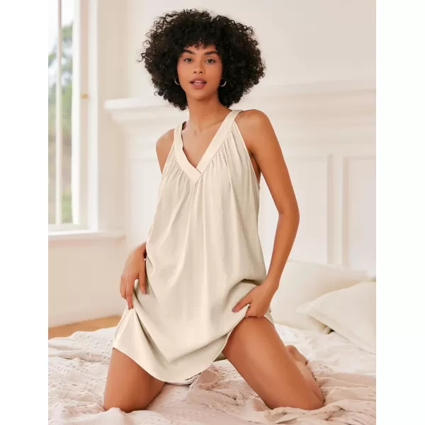 Ekouaer Nightgown for Women Sleeveless Sleepwear Lightweight Racerback Sleep Shirt Pleated V Neck Night Dress Short ChemiseKhaki