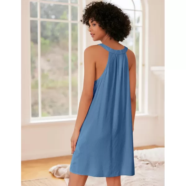 Ekouaer Nightgown for Women Sleeveless Sleepwear Lightweight Racerback Sleep Shirt Pleated V Neck Night Dress Short ChemiseLake Blue