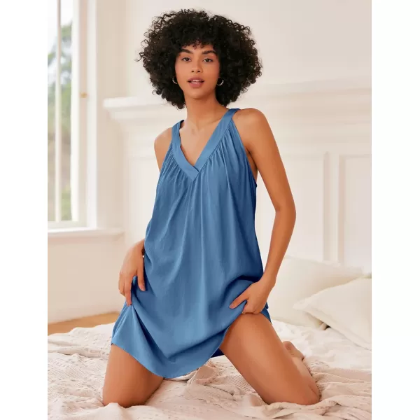 Ekouaer Nightgown for Women Sleeveless Sleepwear Lightweight Racerback Sleep Shirt Pleated V Neck Night Dress Short ChemiseLake Blue