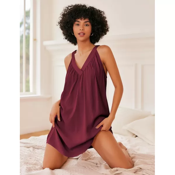 Ekouaer Nightgown for Women Sleeveless Sleepwear Lightweight Racerback Sleep Shirt Pleated V Neck Night Dress Short ChemiseWine Red