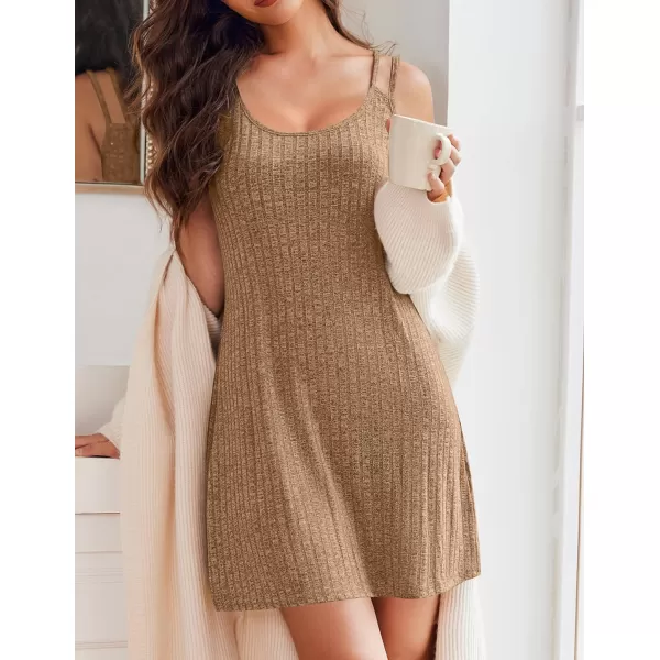 Ekouaer Nightgown for Women Sleeveless Sleepwear Sexy Sleep Dress Ribbed Knit Night Shirt Soft Chemise Nighties SXXLBrown