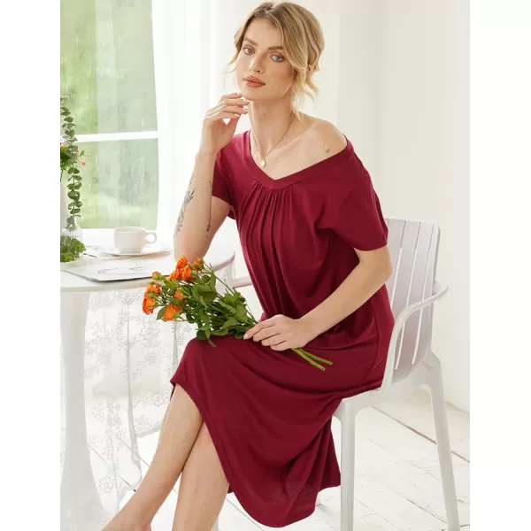 Ekouaer Nightgowns Womens Short Sleeve Sleepwear Comfy Loungewear Plus Size Night Shirt S3XLBwine Red