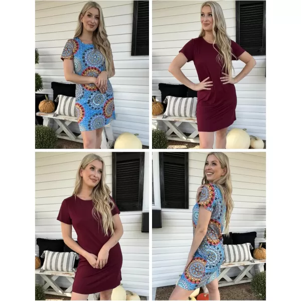 Ekouaer Nightgowns for Women 2 Pack Night Shirts Short Sleeve Sleapwear Soft Sleep Dress SolidPrinted NightDress SXXLBblue Boho  Maroon