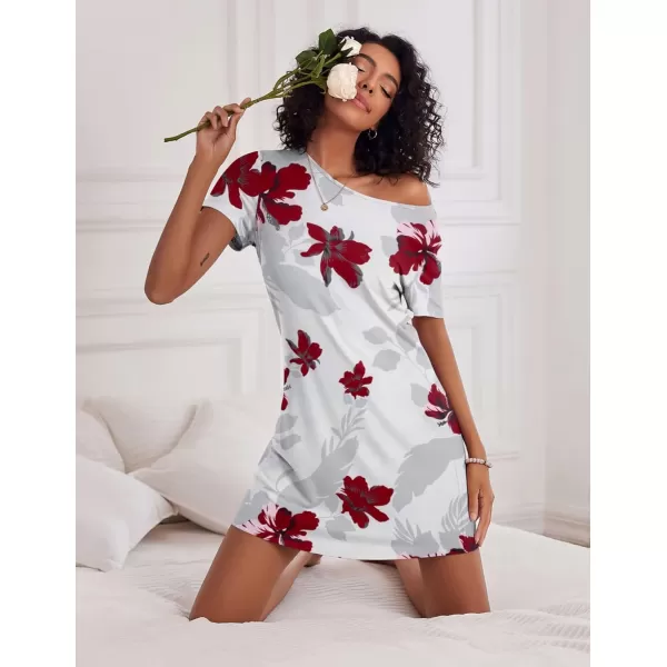 Ekouaer Nightgowns for Women 2 Pack Night Shirts Short Sleeve Sleapwear Soft Sleep Dress SolidPrinted NightDress SXXLBred Flower Whitewine Red